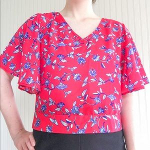 Japna Red Floral Crop Top Blouse Womens Small